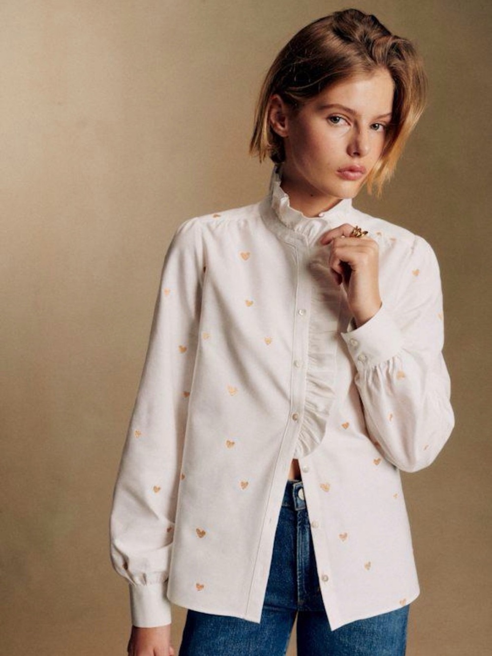 Sezane Chlo Shirt Gold Heart Embroidery - Size 4 as 38
